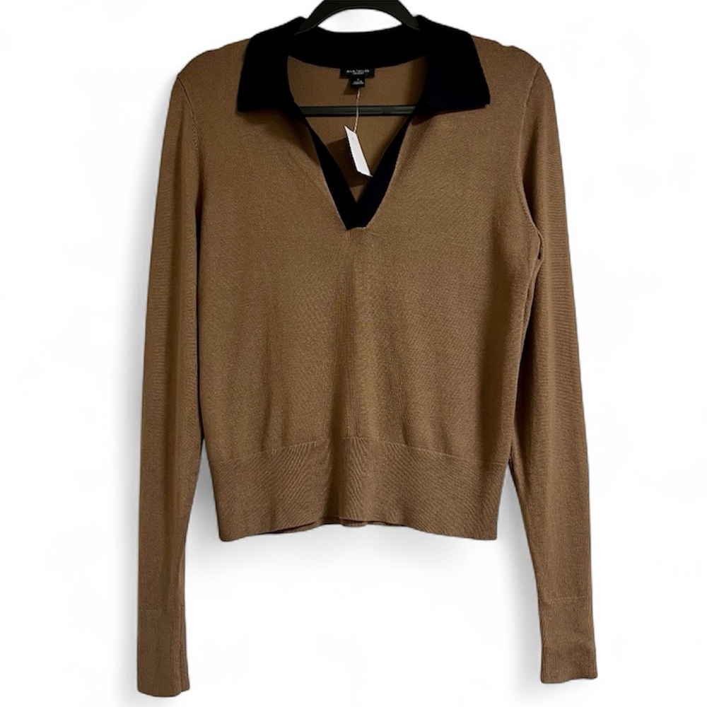 ANN TAYLOR Brown‎ Long Sleeve Sweater with Black Collar, S